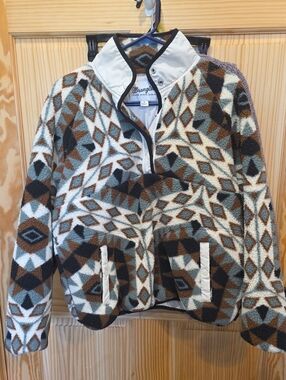 Wrangler Geometric Zip-Up Fleece Jacket - Brown White Blue